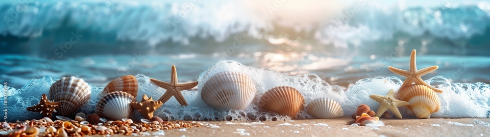Beach sea themed banner with beautiful shells and coral.
Beach sea themed banner with beautiful shells and coral.