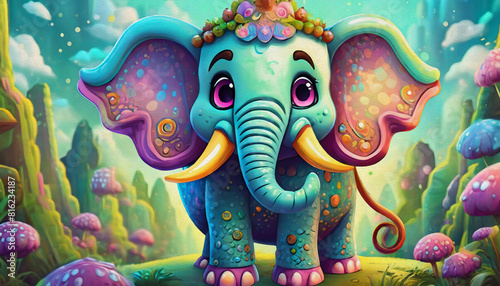 oil painting style cartoon character Multicolored cartoon character Elephant with tusks standing on top of white., 