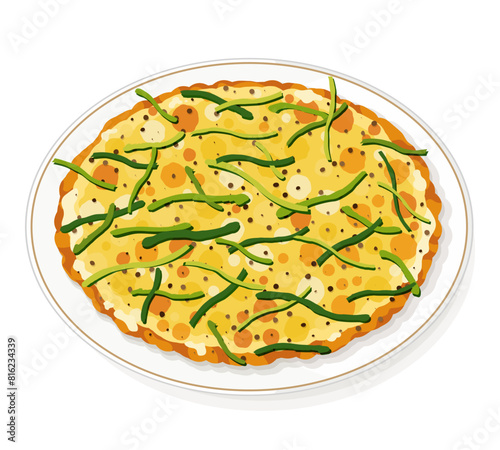 Pajeon pancake illustration vector. Korean vegetable pancake recipe. (Pajeon) Pajeon green onion pancake menu.  Korean street food crispy pajeon recipe. Korean pancake mix. 