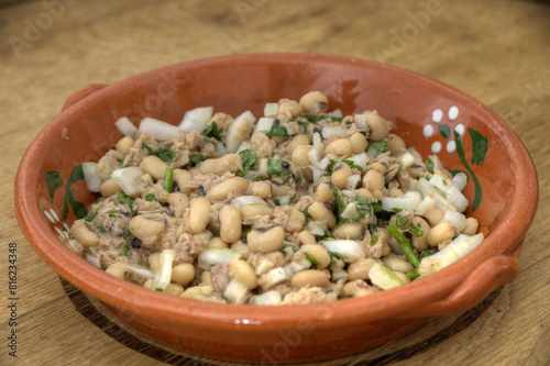 Traditional Portuguese snack: feijão frade com atum - a flavorful blend of black-eyed peas and tuna, showcasing authentic Portuguese cuisine. photo