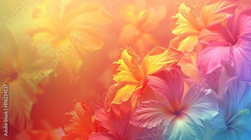 Illustration of Hawaiian flowers and leaves with blurred sunrise background with copy space. AI generated
