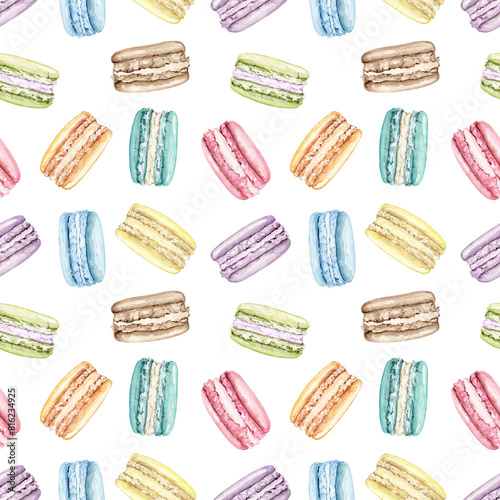 Seamless pattern with multicolor various color cake macaroon isolated on white background. Watercolor hand drawn illustration..