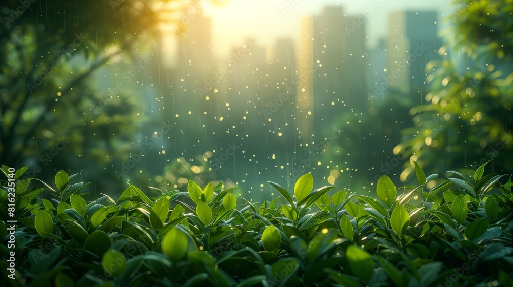 Fresh green leaves under a rain shower with blurred city skyline in the background Fresh green leaves under a rain shower with blurred city skyline in the background