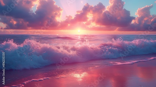A serene beach at sunset, where gentle waves kiss the shore beneath a cotton candy sky