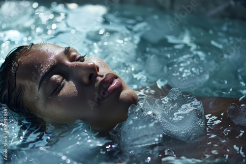 Calm woman immersed in a bath  surrounded by ice cubes  reflecting a tranquil and refreshing wellness and beauty routine concept