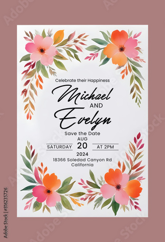 Watercolor wedding invitation card template with arrangement flowers and leaves. Wedding invitation card. Elegant wedding invitation card with beautiful floral and leaves template. © waqar
