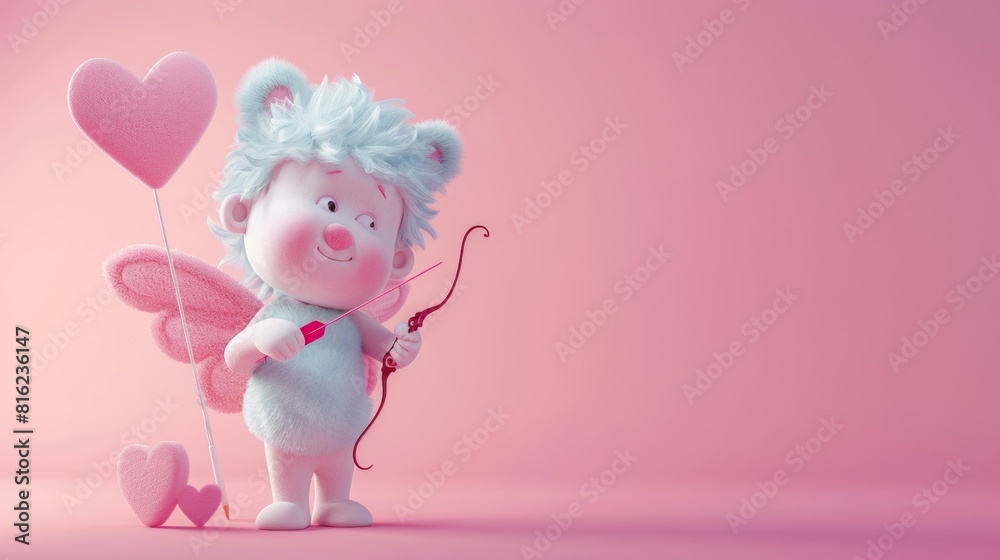 Cute 3D cartoon character angel with wings with pink background