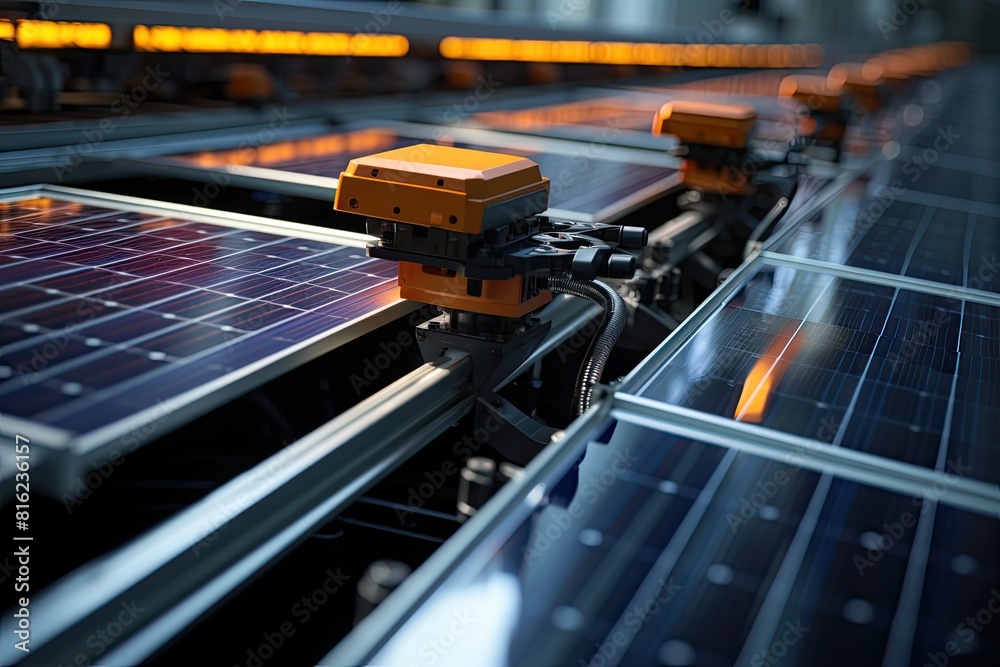Automation factory with robot assembly line produce solar panels, industry 4.0. Automation factory with robot assembly line produce solar panels, industry 4.0.