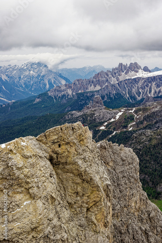 Beautiful Nature Mountain Scenery. Dolomite mountains Italy. Aerial view of the village of san martino di castrozza dolomites trentino. Rough and steep rock. At Gardena Valley in South Tyrol  Italy