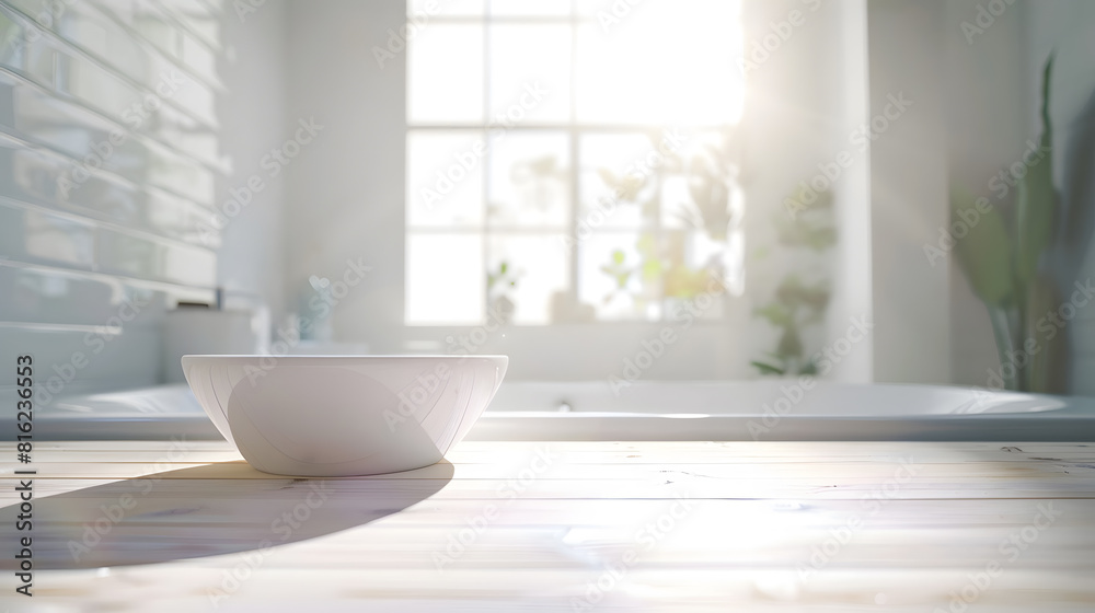 blurred inside of interior luxury modern bathroom in the morning background with white wood tabletop for show promote ads and design product on display concept : Generative AI blurred inside of interior luxury modern bathroom in the morning background with white wood tabletop for show promote ads and design product on display concept : Generative AI