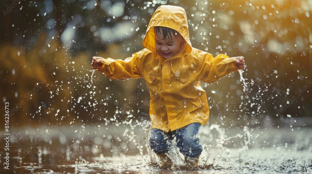 Little child in rain coat playing in rain outdoors Little child in rain coat playing in rain outdoors