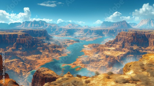 A vast, arid canyon carved over millennia by the meandering path of a crystal-clear river far below photo