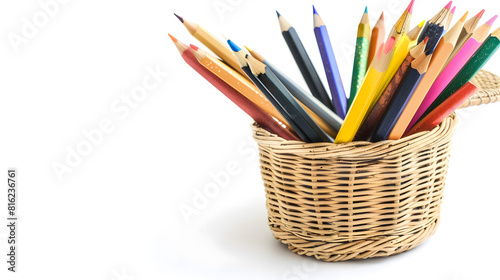 basket with pencils and pens   isolated on white background : Generative AI