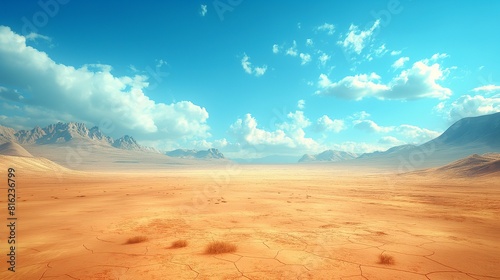 A vast desert stretching to the horizon, its golden sands shimmering in the heat beneath a boundless blue sky