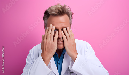 A modern artistic statement on identity, this image features a man's face obscured by a brown square against a pink background photo