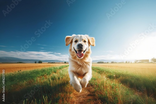 a labrador retriever dog of a joyful golden retriever running towards the viewer in a grassy field with a clear blue sky in the background (11)