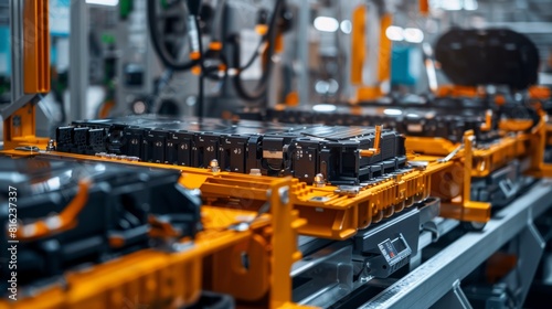 Close-up of electric vehicle battery production line in a technology-driven factory.