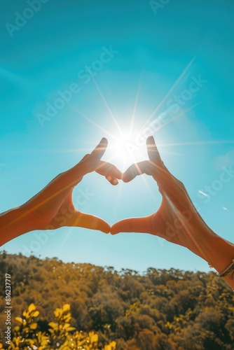 Two hands making a heart shape at a sunny weather