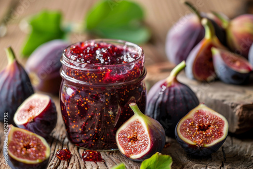Artisanal fig jam in a clear jar surrounded by fresh figs on rustic wooden table, depicting homemade preserves photo