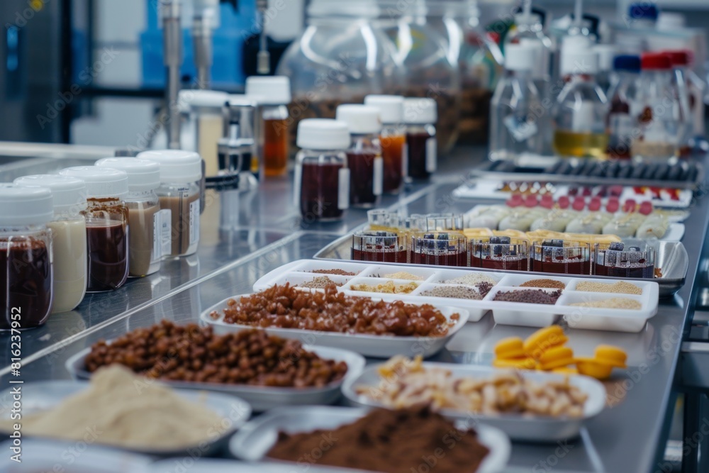 food ingredient display, food samples displayed on lab benches exhibit a wide variety of quality ingredients for testing and evaluation food ingredient display, food samples displayed on lab benches exhibit a wide variety of quality ingredients for testing and evaluation