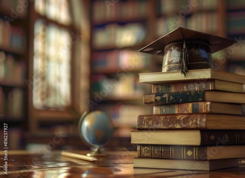 Stack of books with a graduation cap on top, a globe and pencil in the background, a blurred library or school room interior on a light blurred background, an education concept