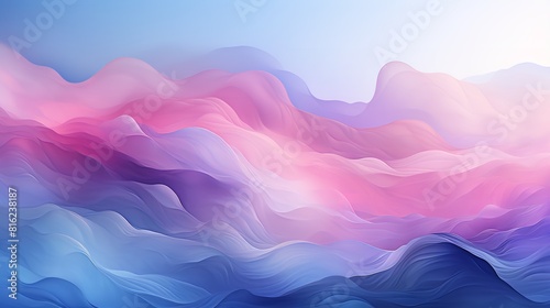 Vibrant digital art of a blue and purple landscape with mountains, clouds, and a river. The colors are bold and saturated, and the shapes are dynamic and flowing.