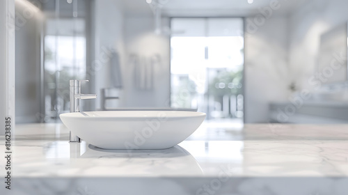 Blurred bathroom background and  Marble counter table top  can be used mock up for montage products display or design layout   Generative AI