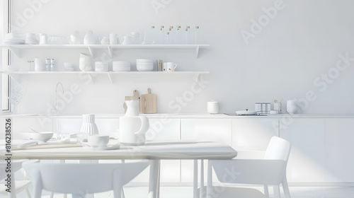 Scandinavian classic white kitchen with wooden details minimalistic interior design Modern furniture with accessories and various utensils table and chairs in dinning room copy space : Generative AI