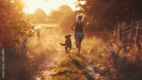 Dog running with a female in morning in park