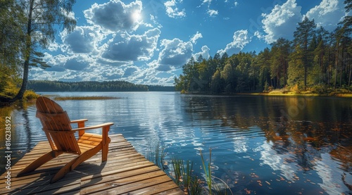 Wooden dock with an Adirondack chair overlooking the calm waters of Lake Sooki in Finland, reflecting a blue sky and fluffy white clouds above the forested backdrop.