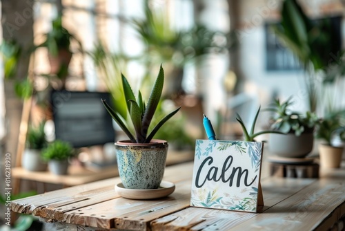 the whiteboard displays the word calm written in blue marker, suggesting a mental health support concept