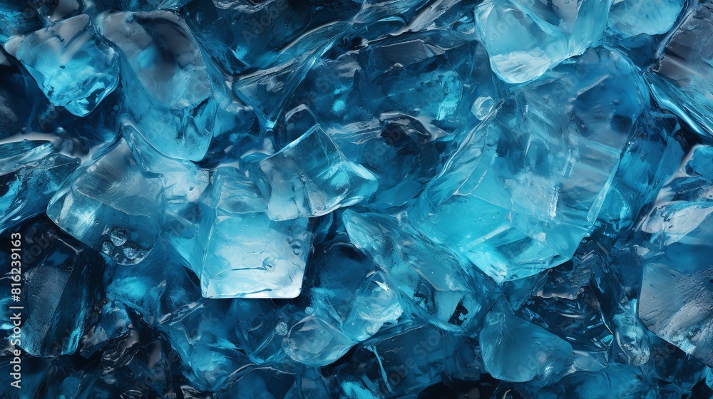 Close-up photo of a pile of blue ice cubes. The ice cubes are crystal clear and reflect the light, creating a sparkling and refreshing image. The ice cubes are stacked neatly on top of each other Close-up photo of a pile of blue ice cubes. The ice cubes are crystal clear and reflect the light, creating a sparkling and refreshing image. The ice cubes are stacked neatly on top of each other