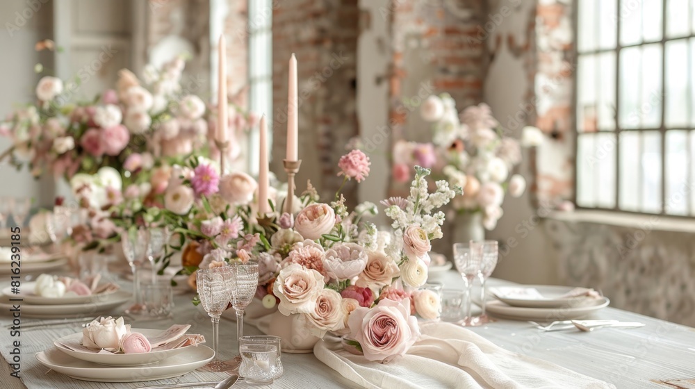 soft minimalist wedding, blush pink and ivory set a soft, romantic tone in the minimalist loft wedding decor, creating an intimate and romantic atmosphere