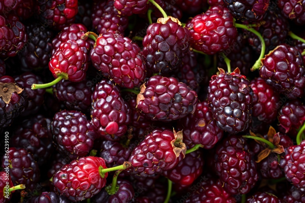 Morus texture background, mulberries fruits pattern, many mul berries mockup, berries banner, black berry