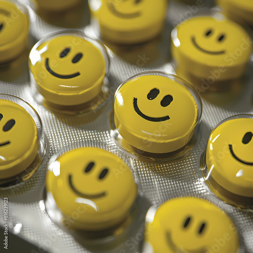Close up of pills with smiley face, yellow pills in packet