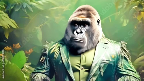 Creative animal concept. Gorilla in luxury lush coat outfits isolated on natural floral wildlife foliage leafy green forest nature habitat background. advertisement, 4k Footage  photo