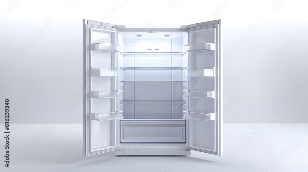 Open empty refrigerator on white background : Generative AI Open empty refrigerator on white background : Generative AI
