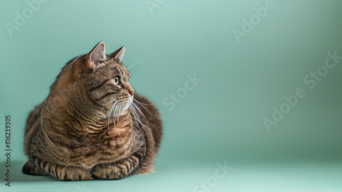 Fat plump fluffy cat isolated on a green background. Place for text. Copy space.