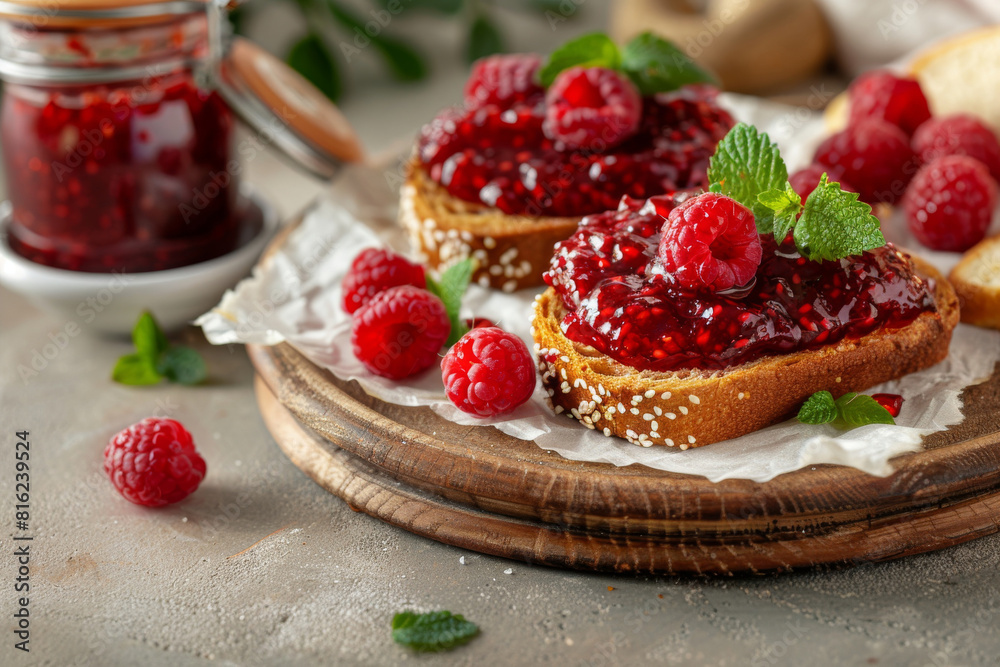 Delicious homemade raspberry jam spread on whole grain toast, garnished with fresh raspberries and mint on a rustic wooden board Delicious homemade raspberry jam spread on whole grain toast, garnished with fresh raspberries and mint on a rustic wooden board