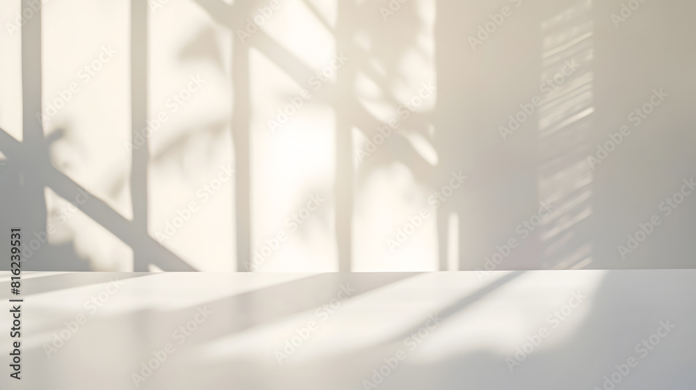 Obraz premium Empty white desk with morning light and shadows of windows with copy space summer concert Blurred backdrop abstract background for display product : Generative AI