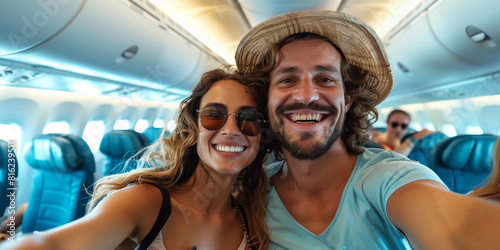  Happy tourist taking selfie inside airplane. Cheerful couple on summer vacation. Passengers boarding on plane. © Art-Park