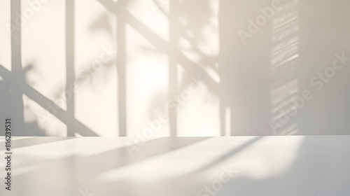 Empty white desk with morning light and shadows of windows with copy space summer concert Blurred backdrop abstract background for display product : Generative AI