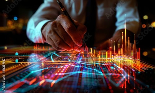 Businessman drawing a graph of the stock market with a hologram chart and financial data on a black background