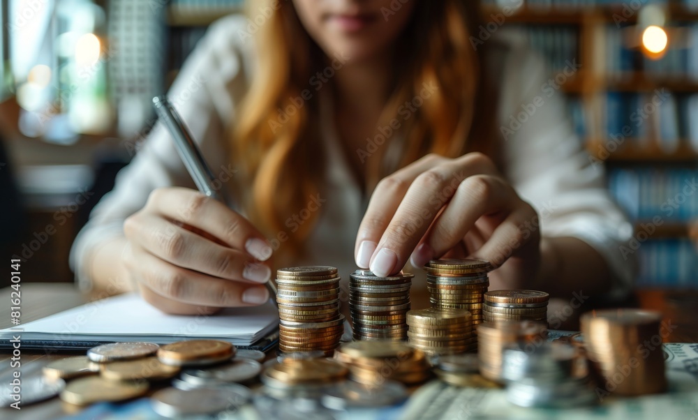 Businessman hand on stack of coins near notebook and pen at office desk, closeup view. A teen woman in a white shirt counting silver dollars for cloud storage focused concept Businessman hand on stack of coins near notebook and pen at office desk, closeup view. A teen woman in a white shirt counting silver dollars for cloud storage focused concept