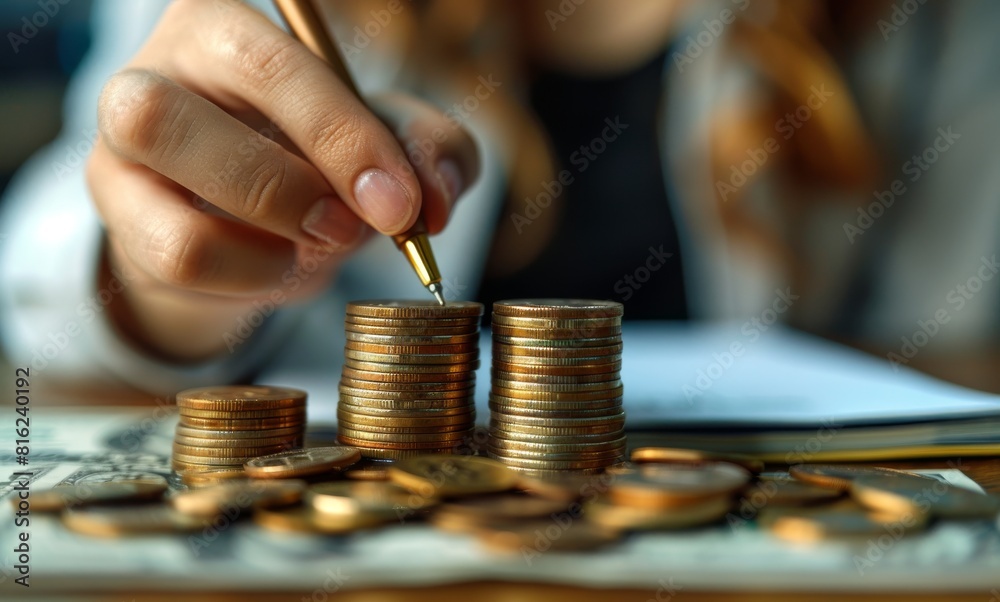 Businessman hand on stack of coins near notebook and pen at office desk, closeup view. A teen woman in a white shirt counting silver dollars for cloud storage focused concept Businessman hand on stack of coins near notebook and pen at office desk, closeup view. A teen woman in a white shirt counting silver dollars for cloud storage focused concept