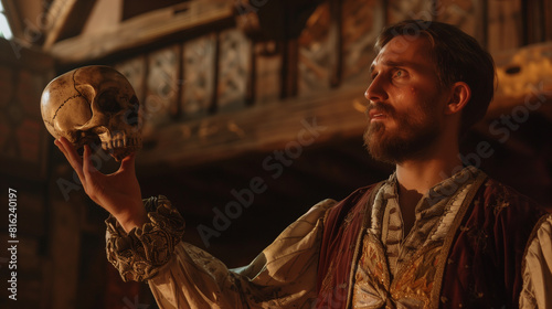 A dramatic portrayal of Hamlet holding a skull on stage, featuring intense lighting, Elizabethan costume, and a dark, moody background, capturing a classic scene.