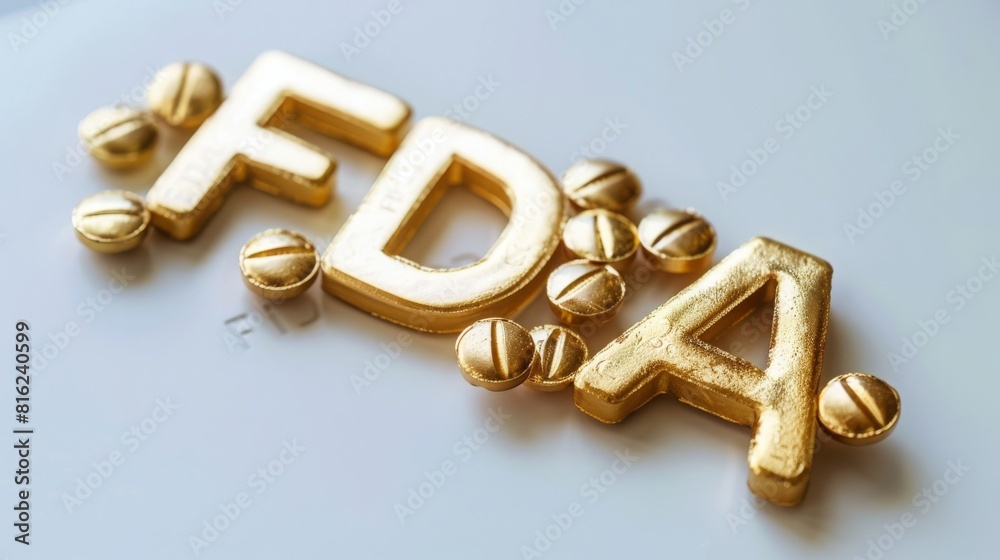 FDA golden letters, Food and Drug Administration, pills, white background, copy and text space, 16:9 
