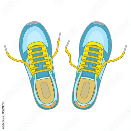 Freehand drawing of sneakers, gym shoes.  Sneakers top view - sport shoes for running fitness. Fashion sneakers blue and yellow. Sketch classic shoes. Vector illustration isolated on white background.