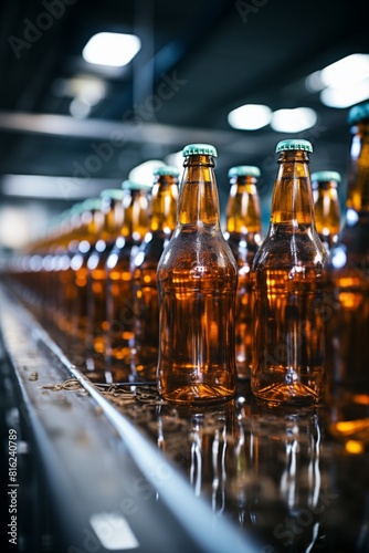 Banner Beer brewery conveyor. Brown glass alcohol bottles move on production line  modern equipment industrial drink with copy space 