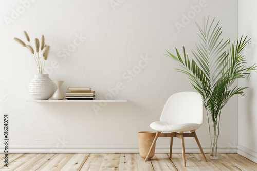 Empty wall mock up with chair shelf with books and plant in vase in clean white living room interior. 3D rendering.